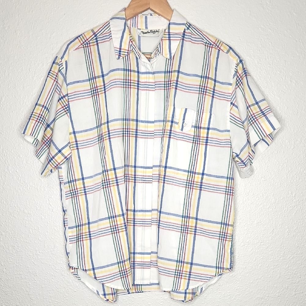 Diane Von Furstenberg Plaid Shirt Button Down Short Sleeve Size L Vintage 90s